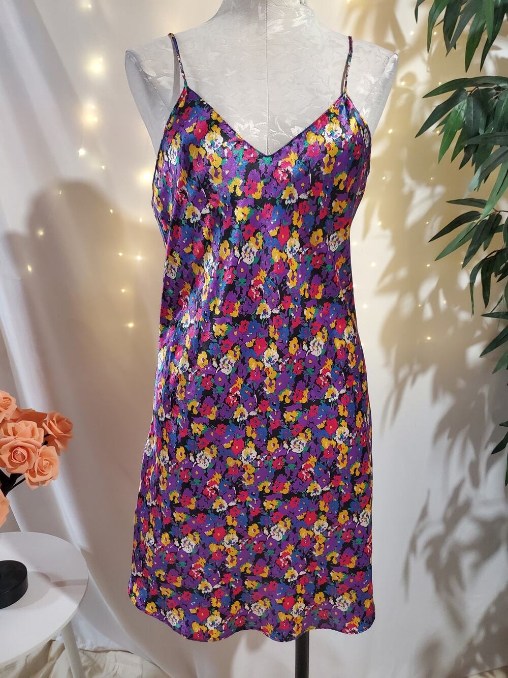 Vintage 90s Y2K Multicolor Floral Satin Chemise Slip Dress Womens Size L Fairy